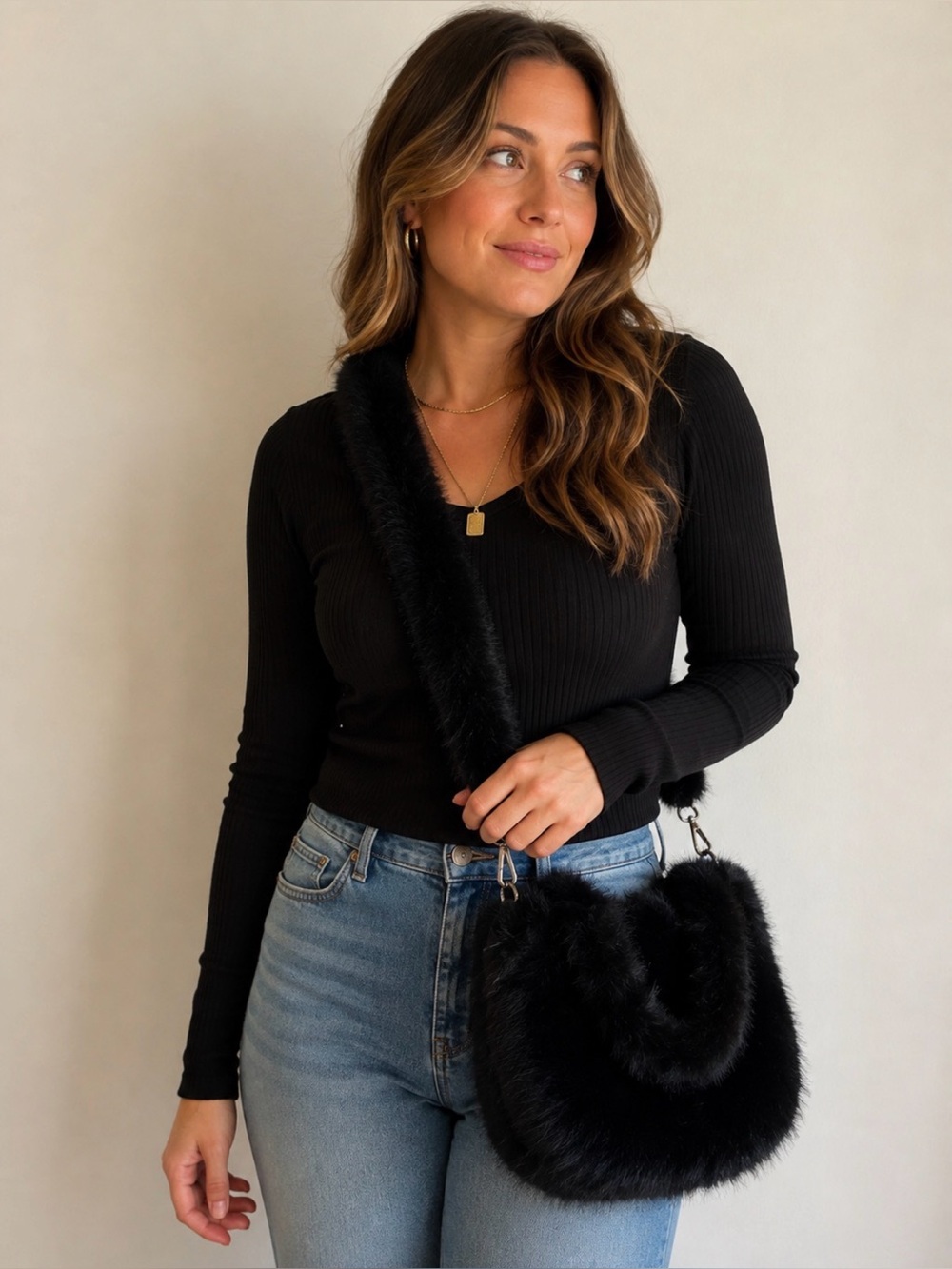 Black Faux Fur Fuzzy Shoulder Bag